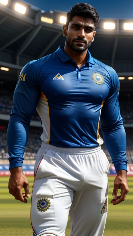 30 years old handsome dashing hot Muscular indian cricket player with sharp chin dimples beautiful eyes spiky black hairs fall on his face, in cricket stadium with tight blue jersey with huge bulge, standing in style, trending on artstation, sharp focus, studio photo, intricate details, highly detailed, head to thighs fit in photo