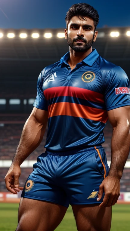 30 years old handsome dashing hot Muscular indian cricket player with sharp chin dimples beautiful eyes spiky black hairs fall on his face, in cricket stadium with tight blue jersey with huge bulge, standing in style, trending on artstation, sharp focus, studio photo, intricate details, highly detailed, head to thighs fit in photo