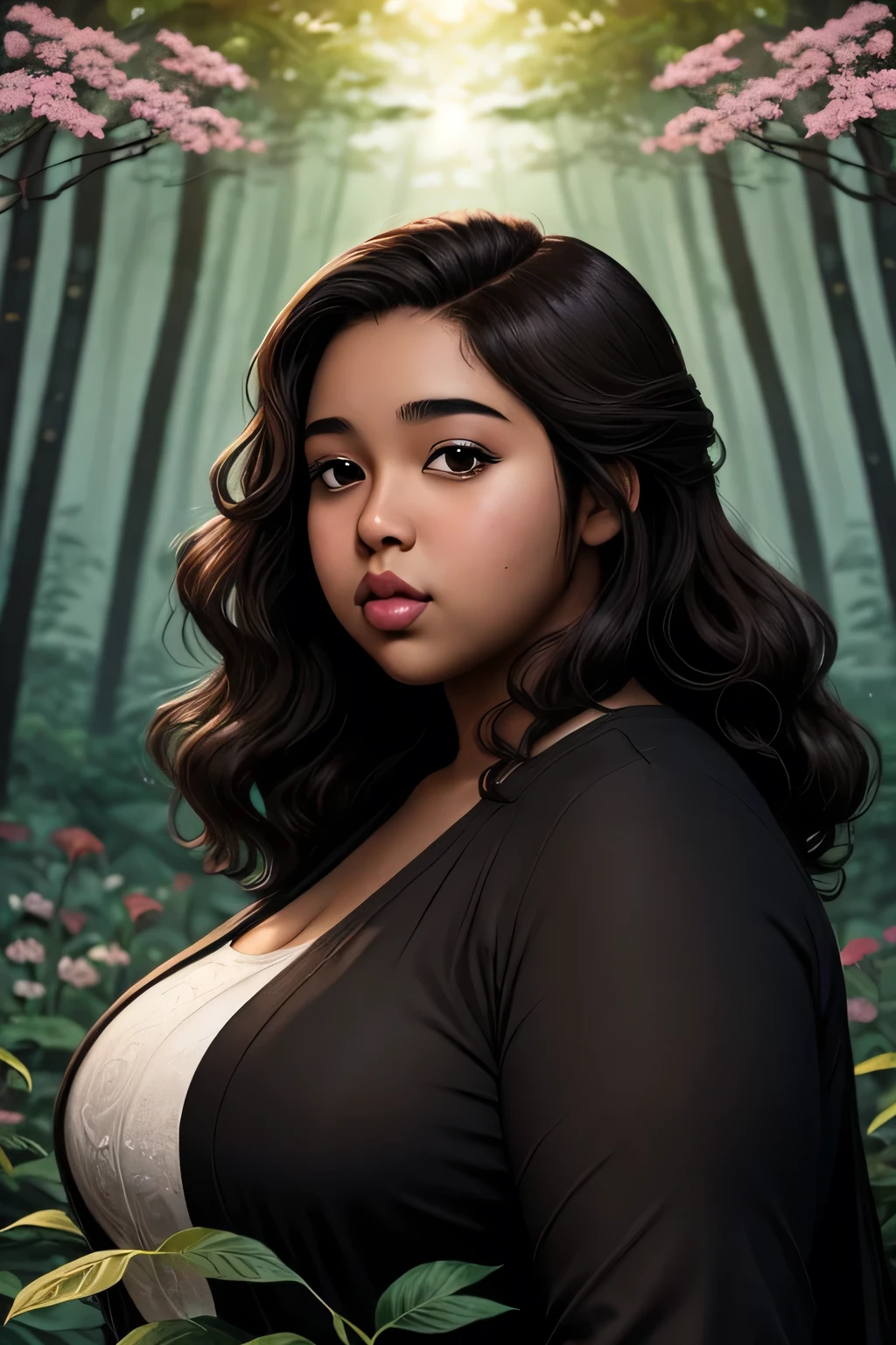 Anime illustration semi-realistic of brown skin latina girl, 25 year old, plus size, curvy, overweight, black eyes, black curly hair, big lips, anime, sleek design, brown skin, sideswept hairstyle, round face, fantasy mage outfit, flower forest background, dynamic light,