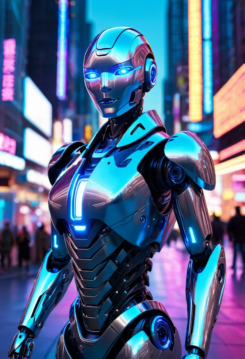 A futuristic humanoid robot with sleek metallic design and glowing blue eyes, set against a backdrop of a neon-lit cityscape.