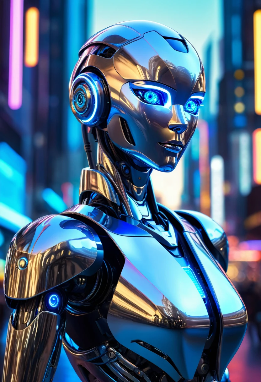 A futuristic humanoid robot with sleek metallic design and glowing blue eyes, set against a backdrop of a neon-lit cityscape.