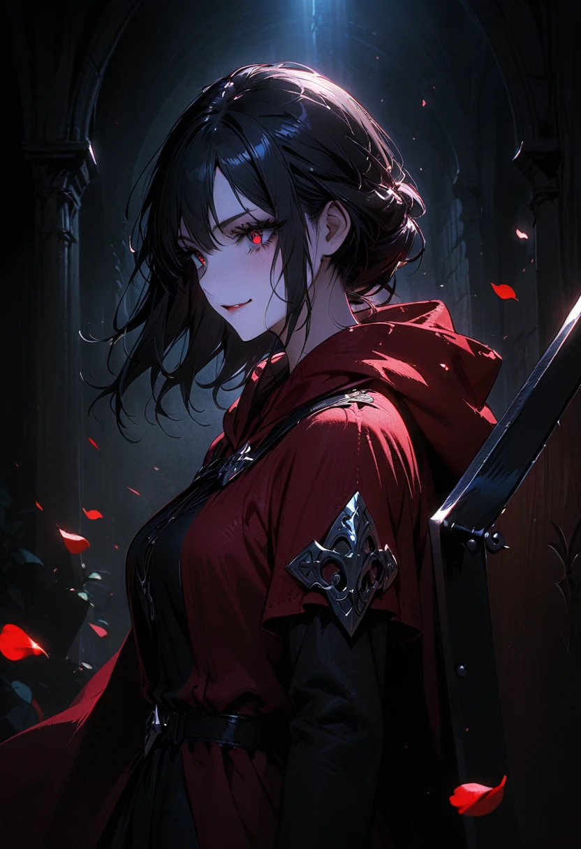 upper body portrait, 1girl, solo, ((holding sword)), (rising sword), ((holding shield)), (long black hair), detailed face, mischief, smirk, pale white skin, red eyes, (detailed eyes), long eyelashes, black eye liner, red lipstick, black tunic, (red hoodie cloak), long dress, leather glove, (walking pose), walking, moonlight, hard lighting, blue light, cold light, ((rose pedals falling)), (medieval theme), ((masterpiece)), super detailed, best quality, POV, dw01-3400