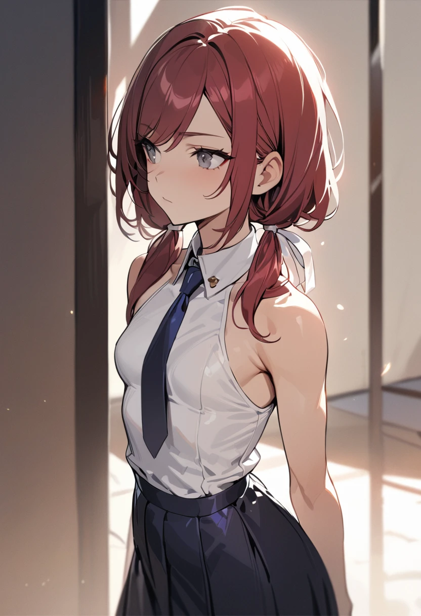 (masterpiece, best quality), 1girl, stoic, looking to the side, beautiful face,   Gray eyes, Dark red hair, swept bangs, low twin tails, white ribbons, sleeveless halter neck white collared shirt, dark blue necktie, dark blue skirt, small breasts, toned arms,