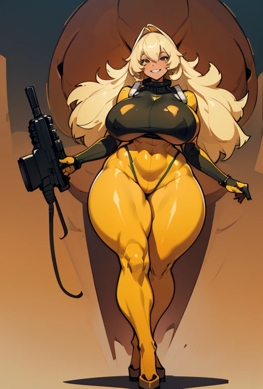 Young girl, Pullover, yellow bodysuit, fullsuit , whole body to see, smile showing teeth, Bob hair , (( very wide hips)), (((colossal Thighs, gigantic thighs, very huge thighs, very big thighs))), fullbody, platform heels, tanned , brown skin, big breast, gun, soldier girl , standing, front pose, blonde, Cyberpunk