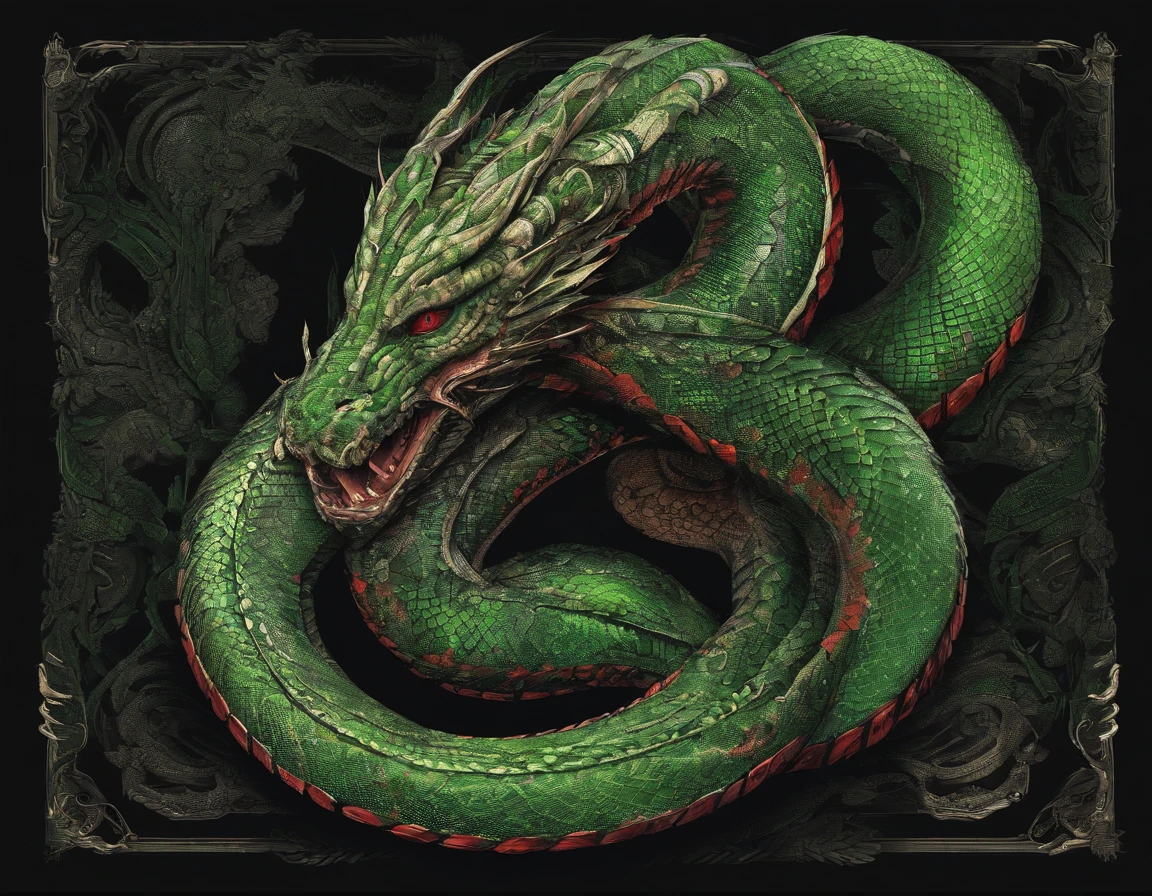 serpent,one head,Fiery green body,in red-black eyes,,Thai pattern scales all over the body,The body is upright.,black background.