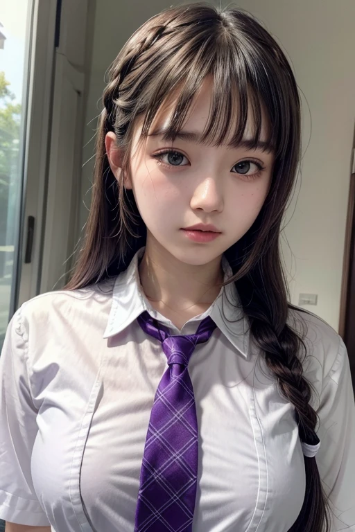 Braided Hair,high school girl,she is 16 years old purple plaid tie,white shirt,slender,big breasts,blunt bangs