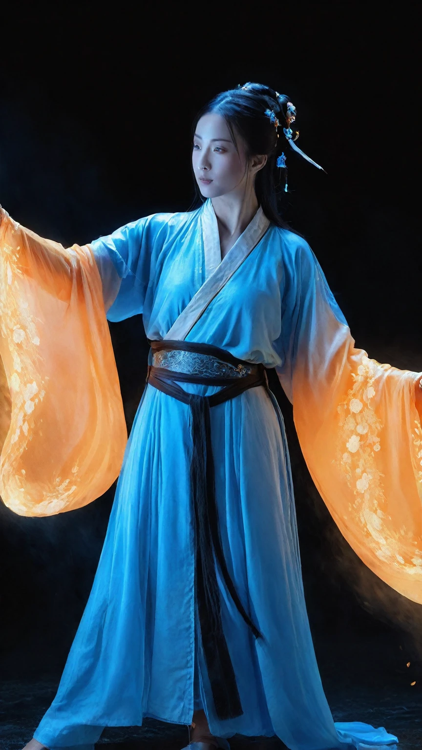 full body, asian girl ,Martial Art Style,wearing blue Chinese robe,using magic power,VFX,glowing energy fluid,special effects,glowing energy effects,blue and orange magic effects,highly detailed,32K UHD,best quality,masterpiece,kungfu,