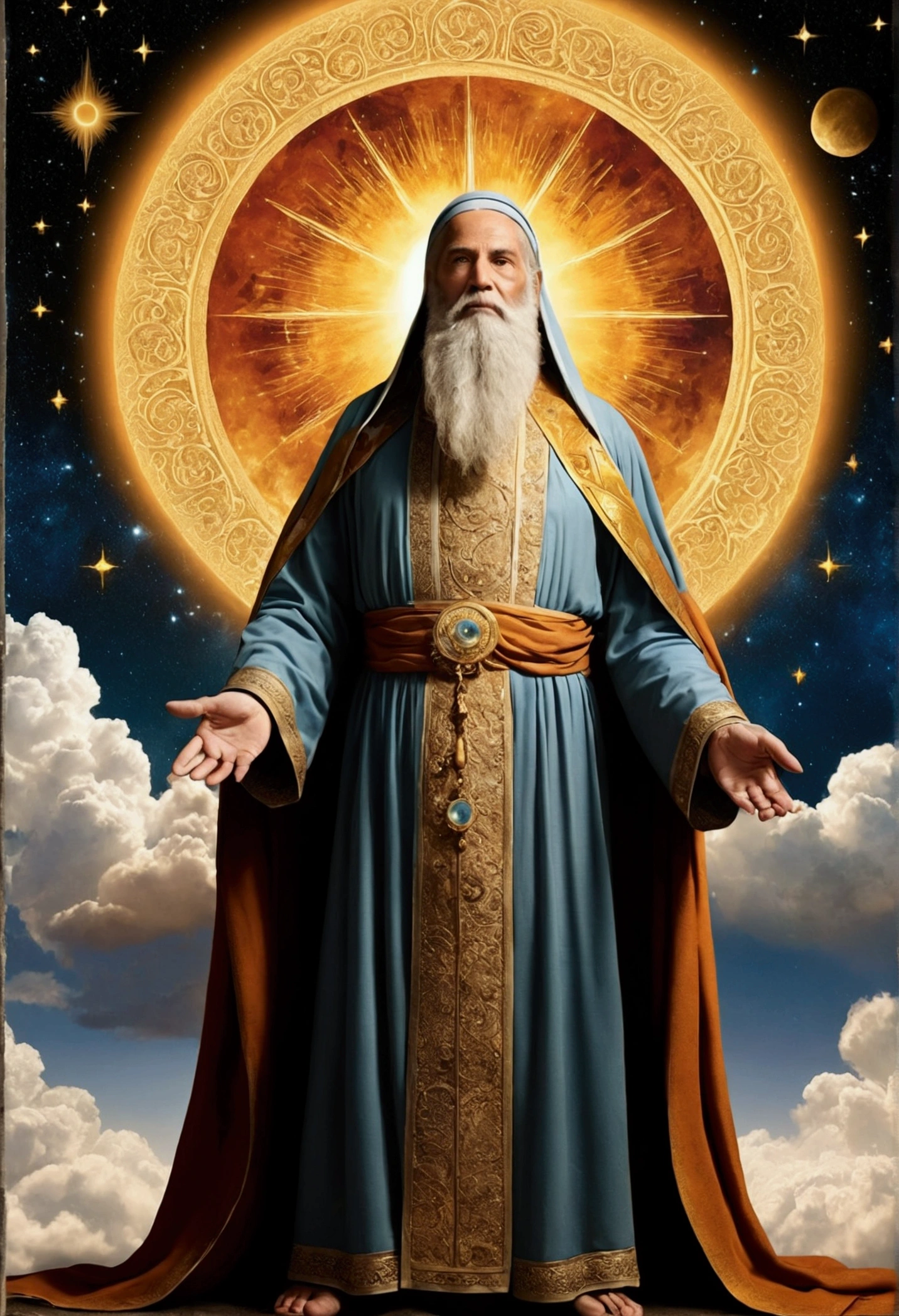 God is an omnipotent, omniscient and omniscient divine being who, according to religious beliefs, is the creator and ruler of all that exists. God is depicted in the context of the creation of the world, an act of divine creation in which he brings the Universe, the Earth and all life on it to life. The central place in the composition is occupied by the figure of God, who can be represented as a wise old man with a long beard, dressed in long robes, stretching his hands over the earth or the sky. Around him can be depicted symbolic elements such as the sun, moon, stars, animals, plants - everything that was created by God. The image of God the Creator can be made in different artistic styles, from realistic to abstract, from traditional religious to modern. It is important that the style reflects the greatness, power and wisdom of God as the omnipotent creator.