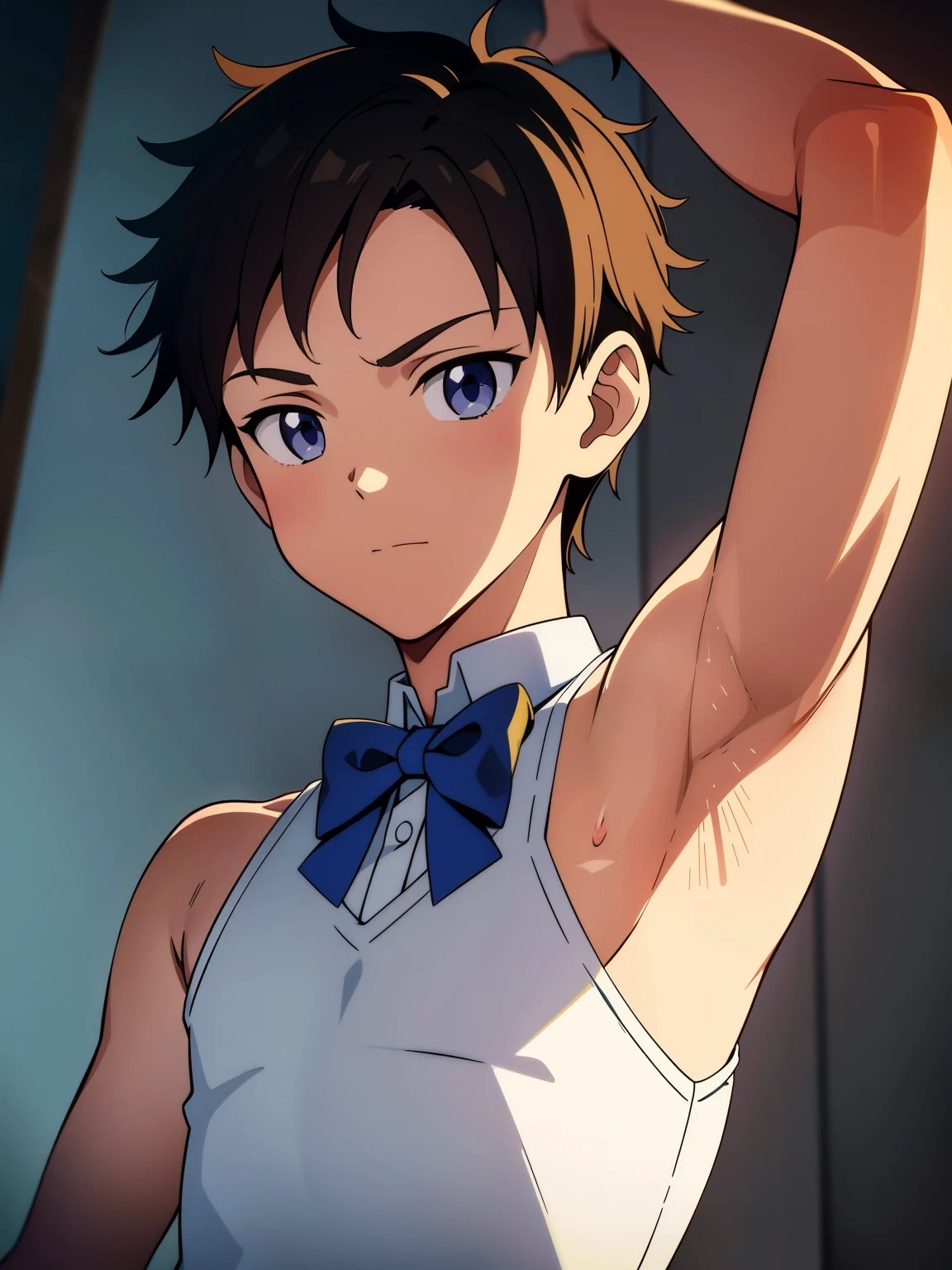 Highres, Masterpiece, Best quality at best,Best Quality,hight quality, hight detailed, Anime style, age 12, 1boy, Boy, Shota, Solo person, young boy, upper body, slim body, Sleeveless vest, waiter, Bow tie, choker, bare shoulder, grey background, (Showing armpit:1.3), Give me a picture of the armpit of a young boy, the armpit looks clean and smells good, the armpit is very beautiful, the boy is teasing using his armpit, shine closer to the armpit, Cute armpit, Sexy armpit, seductive armpits, Such a cute smooth armpit, The armpits of a 12 year old boy, Adorable little armpits, Give me a proportional picture of a 12 year old boy's armpits, (very young boy), (Very small and short body), uhd, bokeh