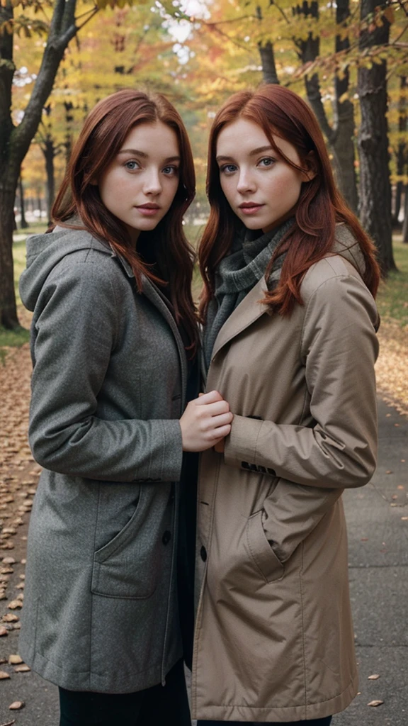 Two young women wearing gray coat, green-eyed redhead in a natural environment