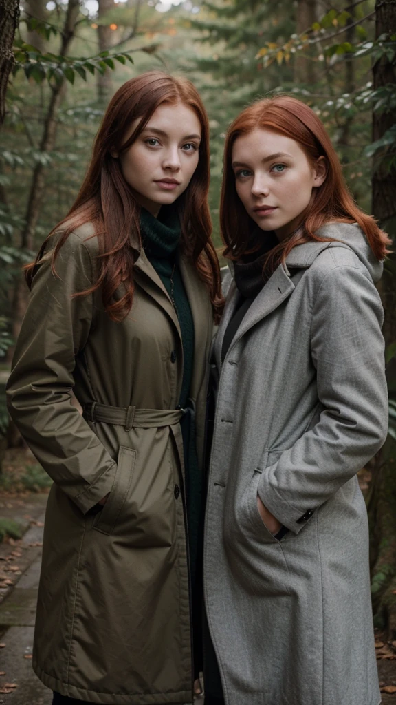 Two young women wearing gray coat, green-eyed redhead in a natural environment