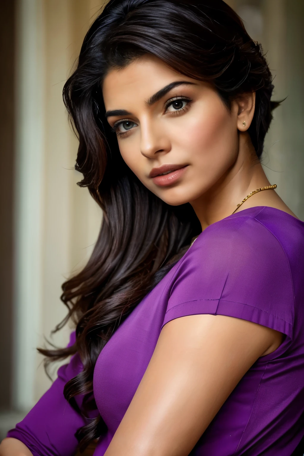 ((Indian milf, indian woman, milf)), (((ultra realistic))) Photo, priyanka chopra, masterpiece, top quality, (pale skin), (Ultra detailed face and eyes:1.2), 1 girl, Adult, purple cyan color