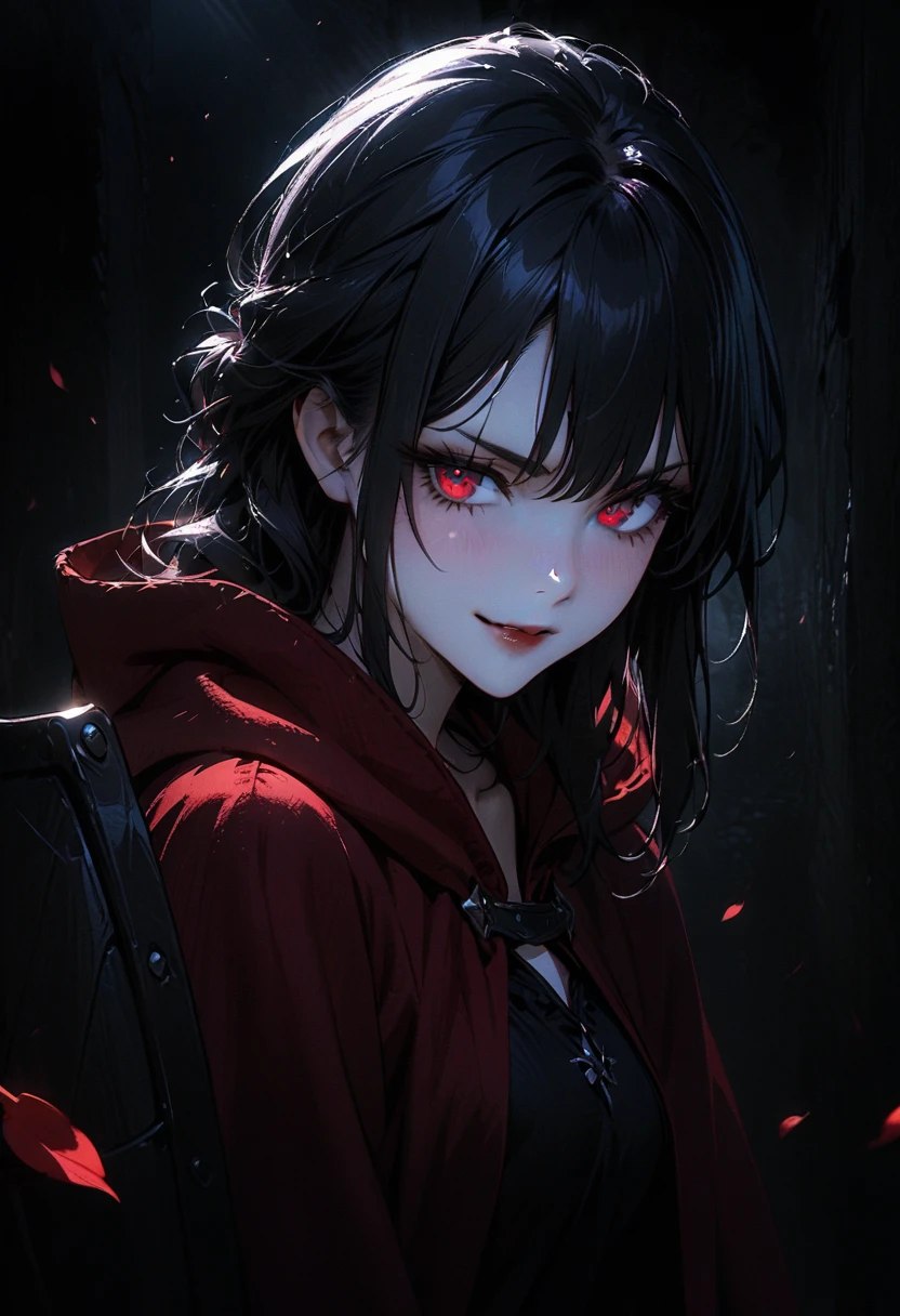 upper body portrait, 1girl, solo, ((holding sword and shield)), (long black hair), detailed face, mischief, smirk, pale white skin, red eyes, (detailed eyes), long eyelashes, black eye liner, red lipstick, black tunic, (red hoodie cloak), long dress, leather glove, (walking pose), walking, moonlight, hard lighting, blue light, cold light, ((rose pedals falling)), (medieval theme), ((masterpiece)), super detailed, best quality, POV, dw01-3400