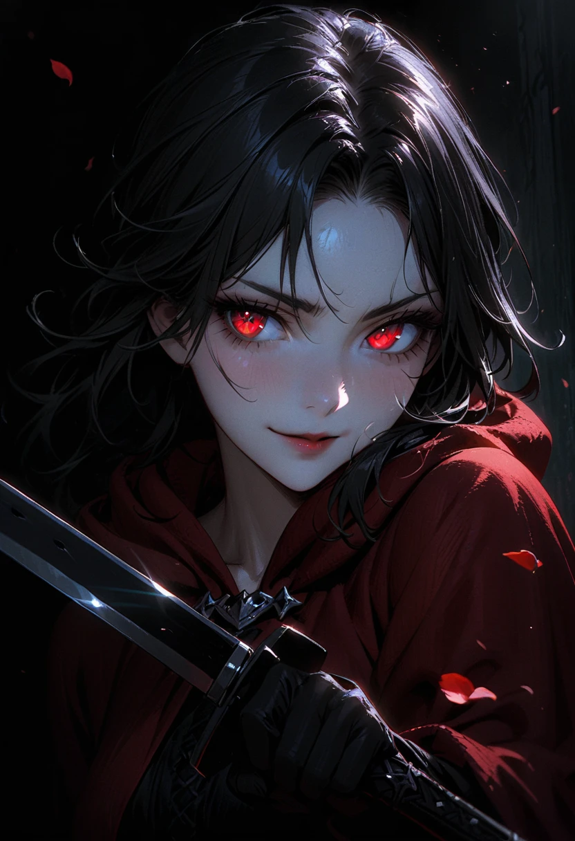 upper body portrait, 1girl, solo, ((holding sword and shield)), (long black hair), detailed face, mischief, smirk, pale white skin, red eyes, (detailed eyes), long eyelashes, black eye liner, red lipstick, black tunic, (red hoodie cloak), long dress, leather glove, (walking pose), walking, moonlight, hard lighting, blue light, cold light, ((rose pedals falling)), (medieval theme), ((masterpiece)), super detailed, best quality, POV, dw01-3400