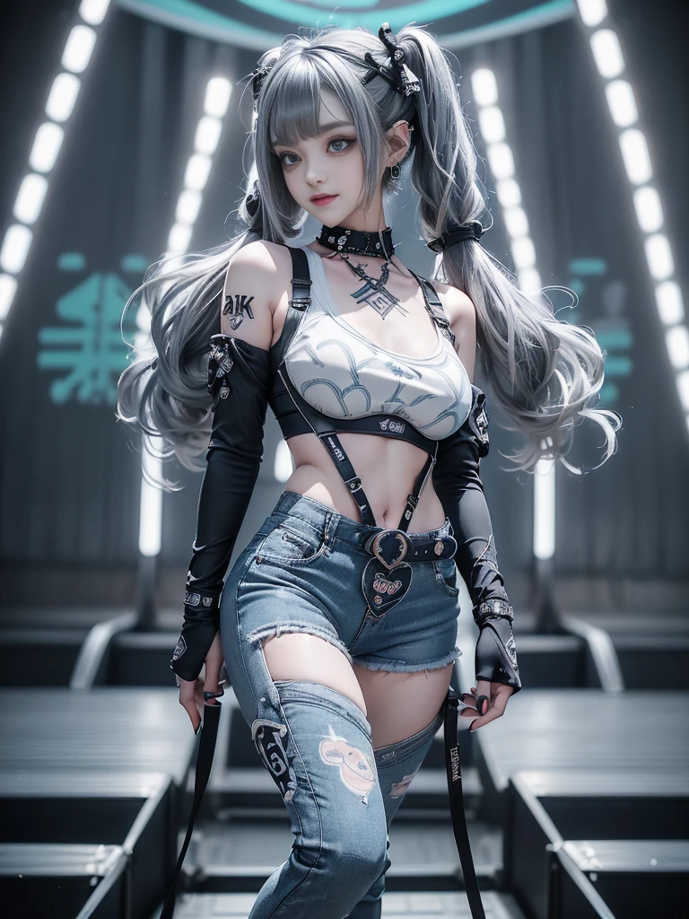 (Full Body View:1.3)、(Side view:1.1)、(Smiling with teeth showing:1.3),(Shibuya Gal:1.5)、(Fashion in the style of Gothic ta:1.5)、(Punk rock visual kei:1.5)、(Wearing a rhythmic gymnastics bodysuit with intricate details:1.4)、(Complex white racing suit and pants, Denim and turquoise decor:1.5)、(Denim and light blue and white boots:1.3)、((belt))、(A number of subtle logos are featured throughout the costume々:1.4)、(collar:1.3)、(Logo patterned underwear:1.5)、20-year-old、Browsing Caution、((Highest quality、In 8K、masterpiece:1.3))、Sharp focus:1.2、(Layered Cut、Huge boobs:1.1),Beautiful woman with perfect figure:1.4、(Dance vigorously:1.3)、Slim Abs:1.2、Highly detailed face and skin texture、Detailed eyes、double eyelid,(Twin tails:1.3)、(Dark silver hair:1.3)、Idol Sculpture、(The background is the stage for a fashion show:1.3)、(The body is slim:1.3),(Slimming your legs:1.4),(clavicle:1.1)、(Thin and slim thighs:1.3)