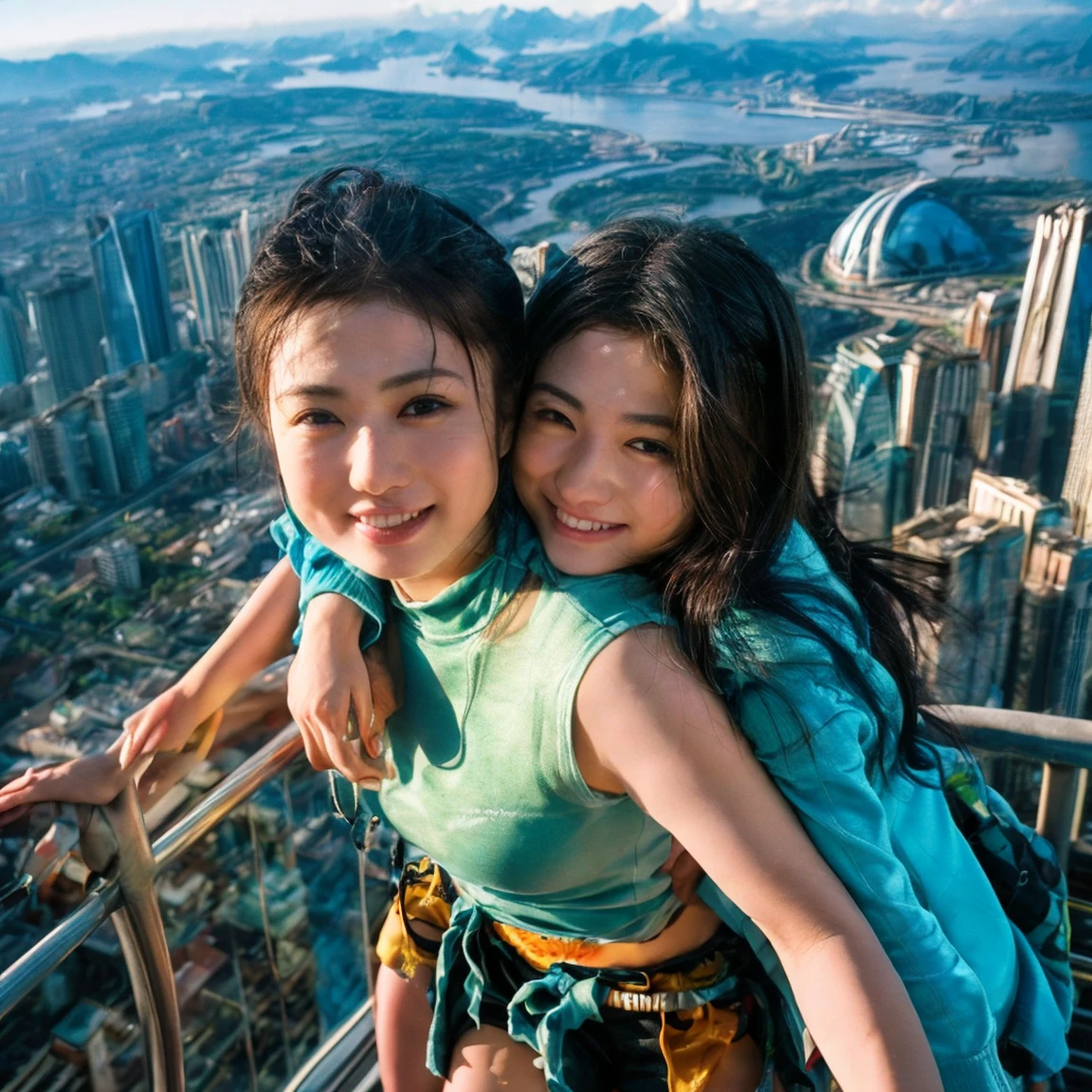 Identical twin sisters hugging each other、16 years old、,of(8k、Live Shooting、Highest quality、masterpiece:1.2)、Very detailed、Super Resolution、(Hyper Genuineity、)Very detailed、Super Resolution、(Genuine、Actual photo:1.47)、 exhilarating roofExcellent selfie of a confident womof with black hair in a long,She is beaming as she looks out over the ultra-modern city below... This high ofgle,Fisheye lens photo of her in mountaineering clothes、Highlight the spaghetti straps **** Excellent,Climbing Pofts,A glimpse of the distoft sea、This aerial photograph is complete...,