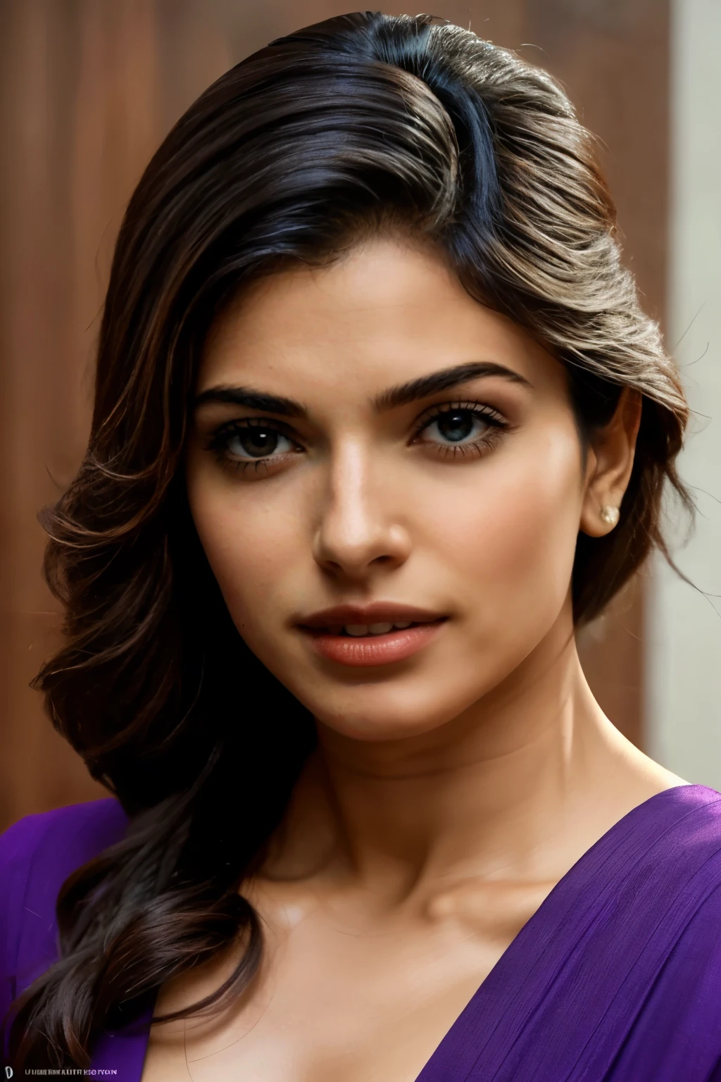 ((Indian milf, indian woman, milf)), (((ultra realistic))) Photo, priyanka chopra, masterpiece, top quality, (pale skin), (Ultra detailed face and eyes:1.2), 1 girl, Adult, purple cyan color