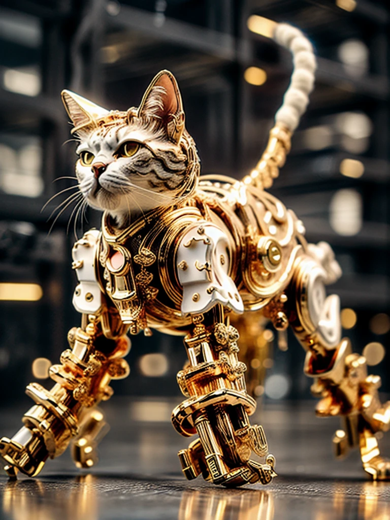 1 cat, best quality, 8k, masterpiece, realistic, depth of field, long exposure, selective focus, low angle shot, IvoryGoldAI:1.2, gold and white metal cat:1.3, sitting:1.2, full body, long exposure, very complicated pattern derive from fur:1.2, white and gold mechanical cat:1.3, gears:1.3, clockwork cat:1.3, shiny, correct cat anatomy:1.2