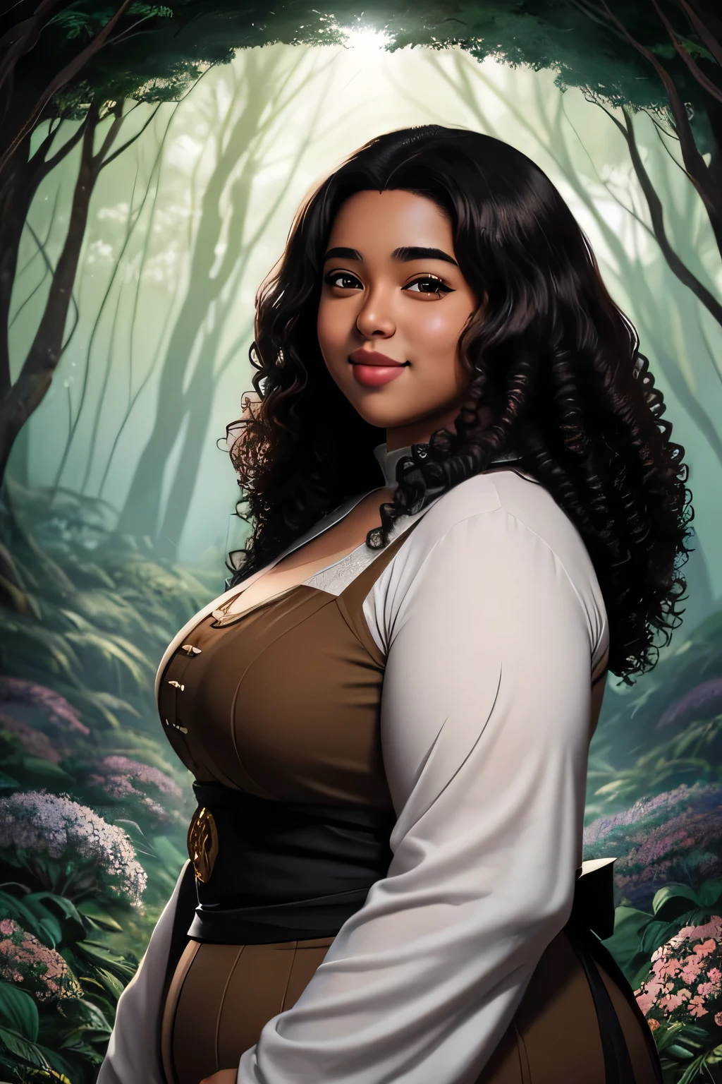 Anime illustration semi-realistic of brown skin latina girl, 25 year old, plus size, curvy, overweight, black eyes, black curly hair, big lips, anime, sleek design, brown skin, sideswept curly hairstyle, round face, fantasy mage clothing, flower forest background, dynamic light,