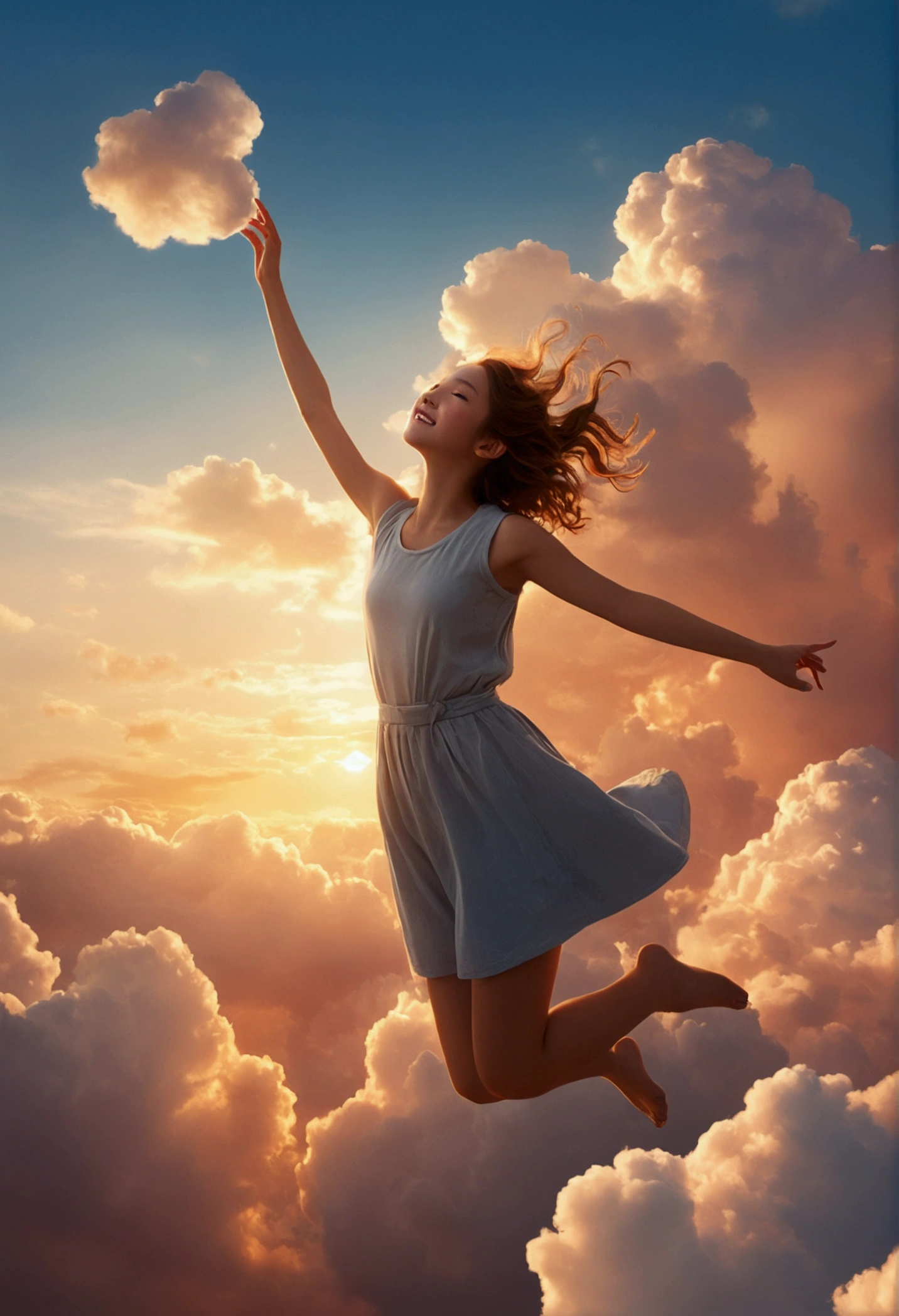 masterpiece, Highest quality, Movie stills, One girl, Cloud Girl, Floating in the sky, close, bright, Happy, Warm and soft lighting, sunset, (spark:0.7)