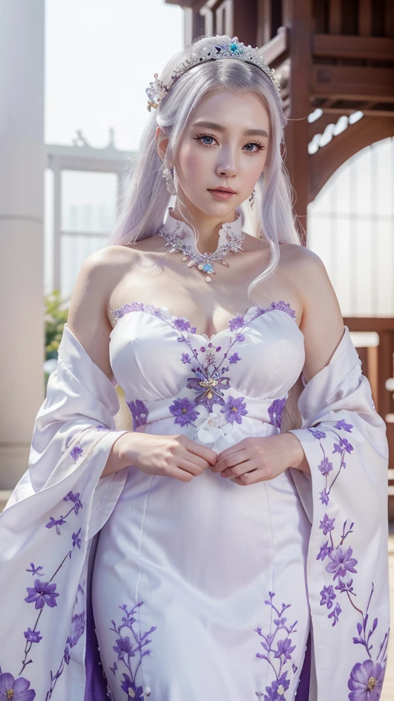 a close up of a woman in a white dress with purple flowers, a beautiful fantasy empress, japanese goddess, 8k high quality detailed art, palace ， a girl in hanfu, trending on cgstation, pale milky white porcelain skin, beautiful alluring anime woman, white haired deity, ((a beautiful fantasy empress)), asian hyperdetailed, inspired by Lan Ying