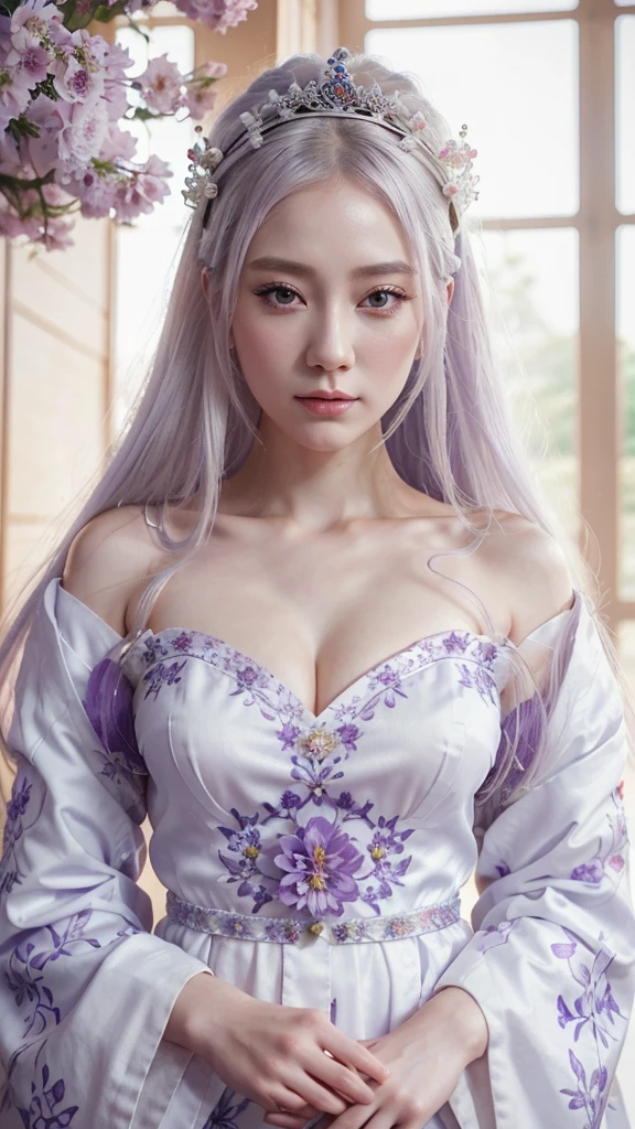 a close up of a woman in a white dress with purple flowers, a beautiful fantasy empress, japanese goddess, 8k high quality detailed art, palace , a girl in hanfu, trending on cgstation, pale milky white porcelain skin, beautiful alluring anime woman, white haired deity, ((a beautiful fantasy empress)), asian hyperdetailed, inspired by Lan Ying