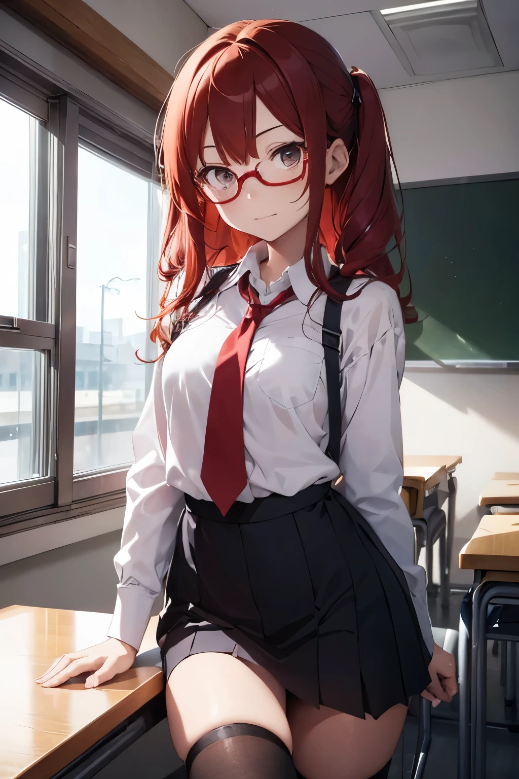 A 14 year old girl,(with evil smile)(sinister look) with red hair that falls just to her shoulders, is standing in a classroom. His honey-colored eyes shine behind thin-framed glasses that give him an intellectual air.. He wears a white shirt, perfectly buttoned, with a red tie that stands out on his chest. Her outfit is completed with a blue skirt that falls just above her knees.. He is standing next to his desk, his expression is calm and attentive, while looking ahead, concentrated on the lesson.