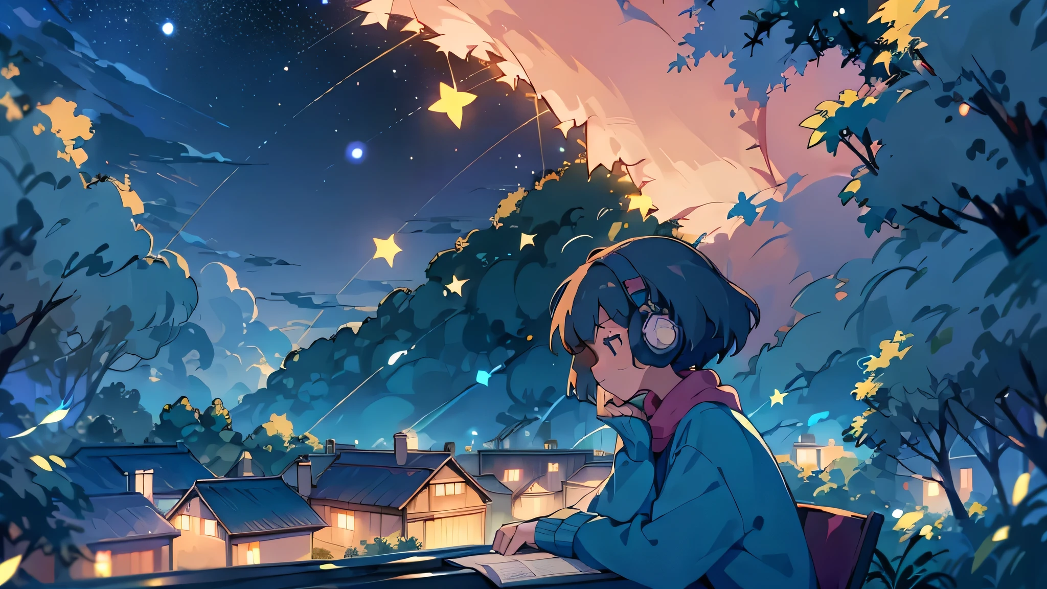 Imagine a serene night scene, perfect for your lo-fi video. A person sits on a grassy hill, back turned to the viewer, gazing up at the vast, star-filled sky. The silhouette of the figure is softly illuminated by the gentle glow of the moon, which hangs high amidst a tapestry of twinkling stars. 

The scene is peaceful and quiet, with the soft hum of lo-fi beats creating a calming atmosphere. Surrounding the person are rolling hills and distant trees, their outlines barely visible in the moonlight. A gentle breeze rustles the leaves, adding to the tranquility of the moment.

This image captures a sense of wonder and reflection, perfectly complementing the soothing sounds of lo-fi music. The viewer is invited to share in the peaceful solitude, finding a moment of calm and inspiration under the starlit sky.