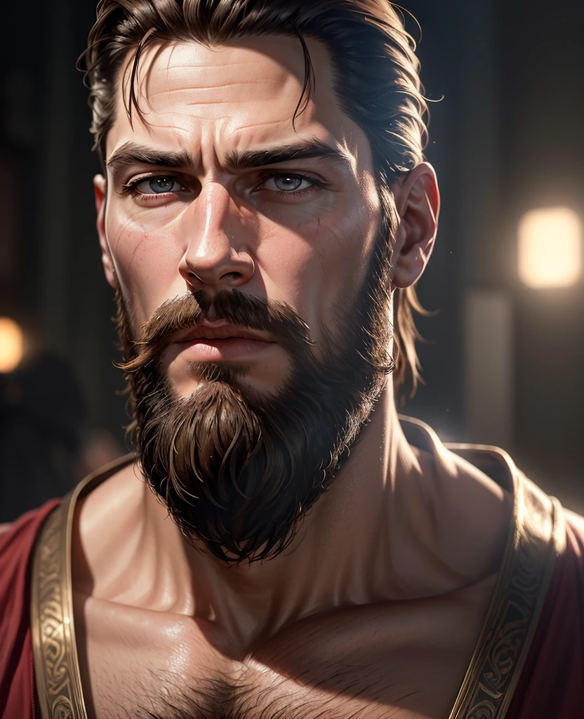 A handsome movie star with a masculine jawline, perfect facial features, beard, detailed hyper realistic portrait, cinematic lighting, sharp focus, 8K, high quality, photorealistic, oil painting