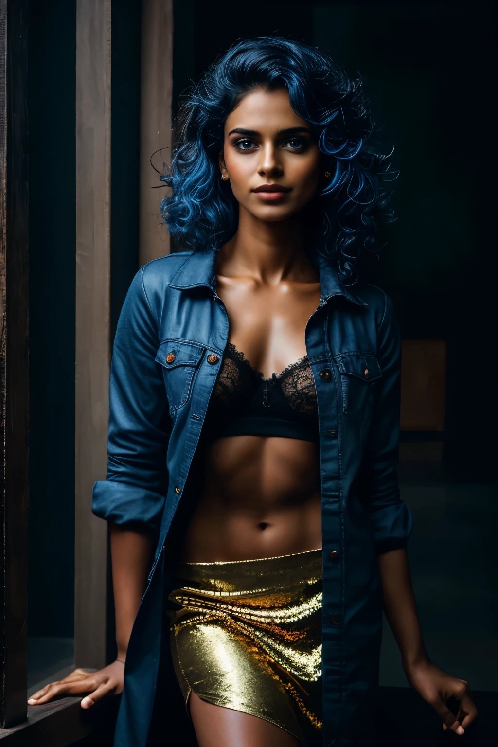 Mallu, curly hair, in skirt, indian woman in bra and panty , city life, richest woman, (Kerala, mallu), indian, editorial photograph of a 30 year old woman), (highly detailed face:1.4) (smile:0.7) (background inside dark, moody, private study:1.3) POV, by lee jeffries, nikon d850, film stock photograph ,4 kodak portra 400 ,camera f1.6 lens ,rich colors, hyper realistic ,lifelike texture, dramatic lighting , cinestill 800, wavy hair, messy hair, short hair, mischievous smile, blue hair, freckles, white skin, blue eyes, bodybuilder, thelema, scarlet woman, greek goddess, goddess of night, goddess of magic, astral plane, witchcraft, babalon, Lilith, Pombagira, red full moon, blue jacket