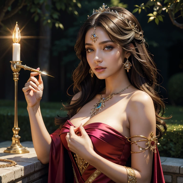 (​masterpiece, best quality:1.5), highest quality, High resolution, super detailed, Realists, Upper body photo of a brunette sorceress, detailed and beautiful eyes, beautiful detailed lips, very detailed eyes and face, longeyelashes, shiny green satin dress, Holding a long magic wand in your hand, Cast a transformation spell, Glowing wands available, Beautiful and colorful makeup, elegant and noble々The jewelry bag, Gardens as background, soft daylight, bright colors, fine brushstrokes, Portrait style, Silk dress fabric, beautiful color palette, glowing skin, First-class rendering, that captures every detail, enchanting atmosphere, subtle shadows and lights, (perfect anatomy:1.2), (The stunning sorceress performs a transformation spell. Waves her long magic wand (a transformation with the magic wand:1.4), (magnificent panorama view:1.2)