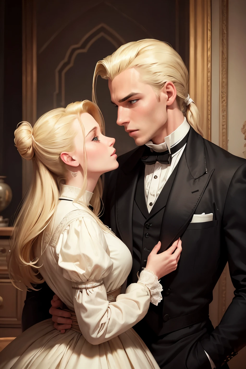 A blond guy with slicked back hair, Ele tem olhos azuis, wears 19th century style clothing, He is facing a girl with long straight black hair, she is wearing a 19th century dress. They both love each other. They are kissing each other.