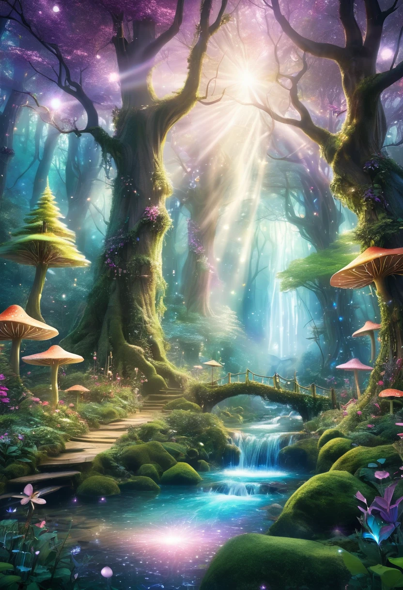A magical forest with towering trees, sparkling streams, and mystical creatures like fairies and unicorns roaming around.