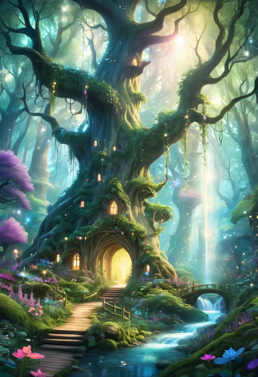 A magical forest with towering trees, sparkling streams, and mystical creatures like fairies and unicorns roaming around.