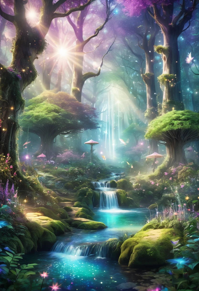 A magical forest with towering trees, sparkling streams, and mystical creatures like fairies and unicorns roaming around.