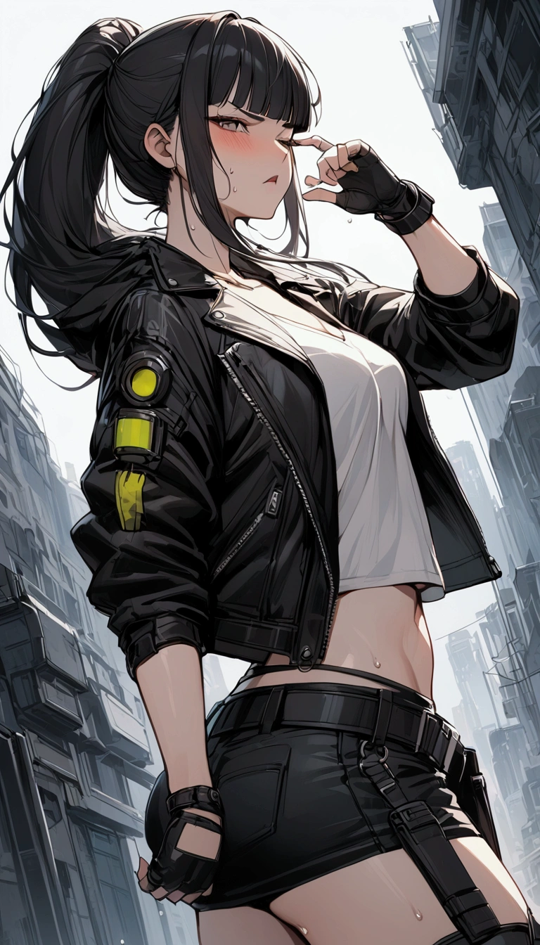 ,dutch angle,from side,{{masterpiece}}, {{{Highest quality}}},{{Very detailed}},{{Fight}},{{fighting stance:1.6}},{{critical situation:1.6}},{{cyberpunk}},1girl,30years old,{Mature Woman}},,{{leather jacket:1.2}},belt,black fingerless gloves,camisole.mini-skirt,holster,{{Grit your teeth:1.4}},one eye closed, ,{{v-shaped eyebrows}},Bad mood,blush,Sweat,raise one's eyebrows ,{{View your viewers}}、straight long hair ,blunt bangs.abdominal pain ,{{pain}},