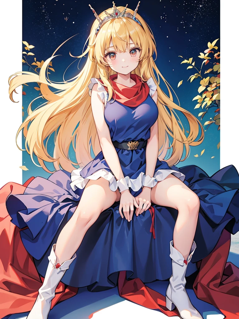 masterpiece,highest quality,8k anime quality,Official Style,Official Art,Anime Coloring Book,super high quality＿Anime image quality, High resolution, 8k, wallpaper,Very detailed,Perfect Eyes,Perfect Face,(Beautiful Face:1.2),Glowing Skin,Focus on the chest, ((magic princess, Sleeveless blue dress,Blue mini skirt,hair band,Scapula,boots,Red scarf,tiara,WhiteShoes,)),1 girl, alone, Blonde Hair,Long Hair, Brown eyes, Large Breasts,(Large Breasts:1.4)、(I can see her panties, small, white), smile, Full Body Shot, Combat pose, (Spread your legs:1.5), (Forest Background,), Remove color noise, mini skirt, squatting, white panties, pov