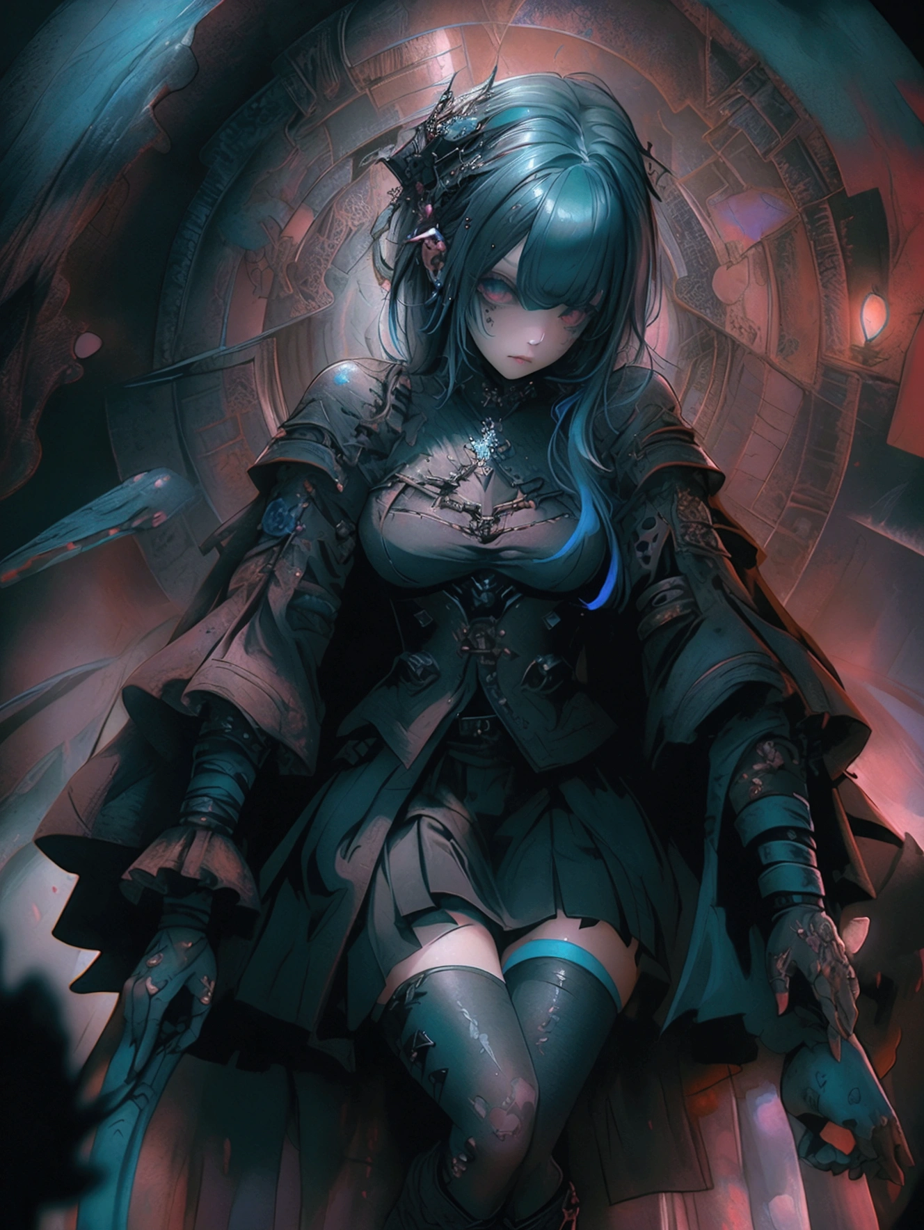 Highest quality、8k、masterpiece:1.3、From above、whole body、Vivid background、The cityscape spreading out below、Gothic Punk、((Image color black and blue))、The inside color is blue、Black-haired、hair ornaments、Beautiful girl、creative、Dark Fantasy Style、Neogoth、Goth Fashion:1.2、mini skirt、boots、High resolution、masterpiece、Highest quality、Fine skin、Sharp focus、(Cinematic lighting)、Realistic textured hair、