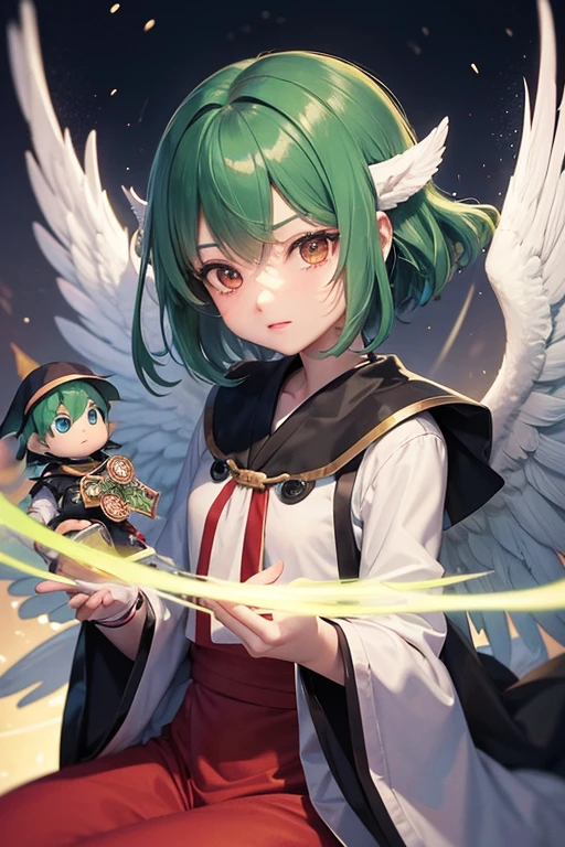 (ten: 0.8), stocky, (アニメ: 1.2), (Tengu: 0.8), messy short hair, Fortuneteller, green hair, Angelic French doll, Priest, poncho, Gospel, to face a headwind, Messiah, friendly, cold, (resistance: 0.8), yu-gi-oh, Zashiki-warashi, Sylph, Tengu