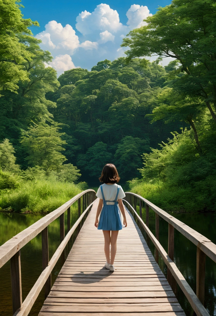 A summer forest scene featuring a lake with a long wooden bridge extending into the distant forest, styled like the film "Your Name." The view is from the perspective of someone standing on the bridge and looking ahead towards the far end of the bridge. A girl, depicted in a high-quality, masterpiece style, is crossing the bridge from behind. The scene is like a film still, capturing the vivid blue sky with beautiful white clouds and lush green trees. The atmosphere is serene and picturesque, reminiscent of the film's detailed art style, and the girl embodies a "cloud girl" aesthetic.
