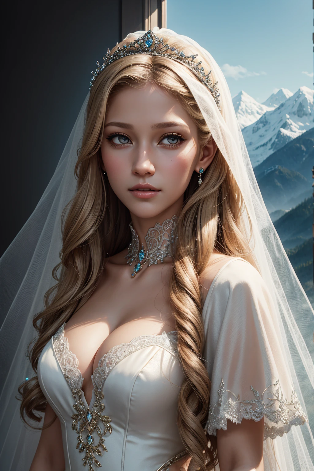 portrait Anna Kournikova, wearing veil bride tiara costume, against the background of mountains, character portrait, 4 3 9 0 s, curly hair, intricate, elegant, highly detailed, digital painting, artstation, concept art, smooth, sharp focus, illustration, art by wlop, charlie bowater and alexandra fomina, 36k, glittering, shining, correct anatomy