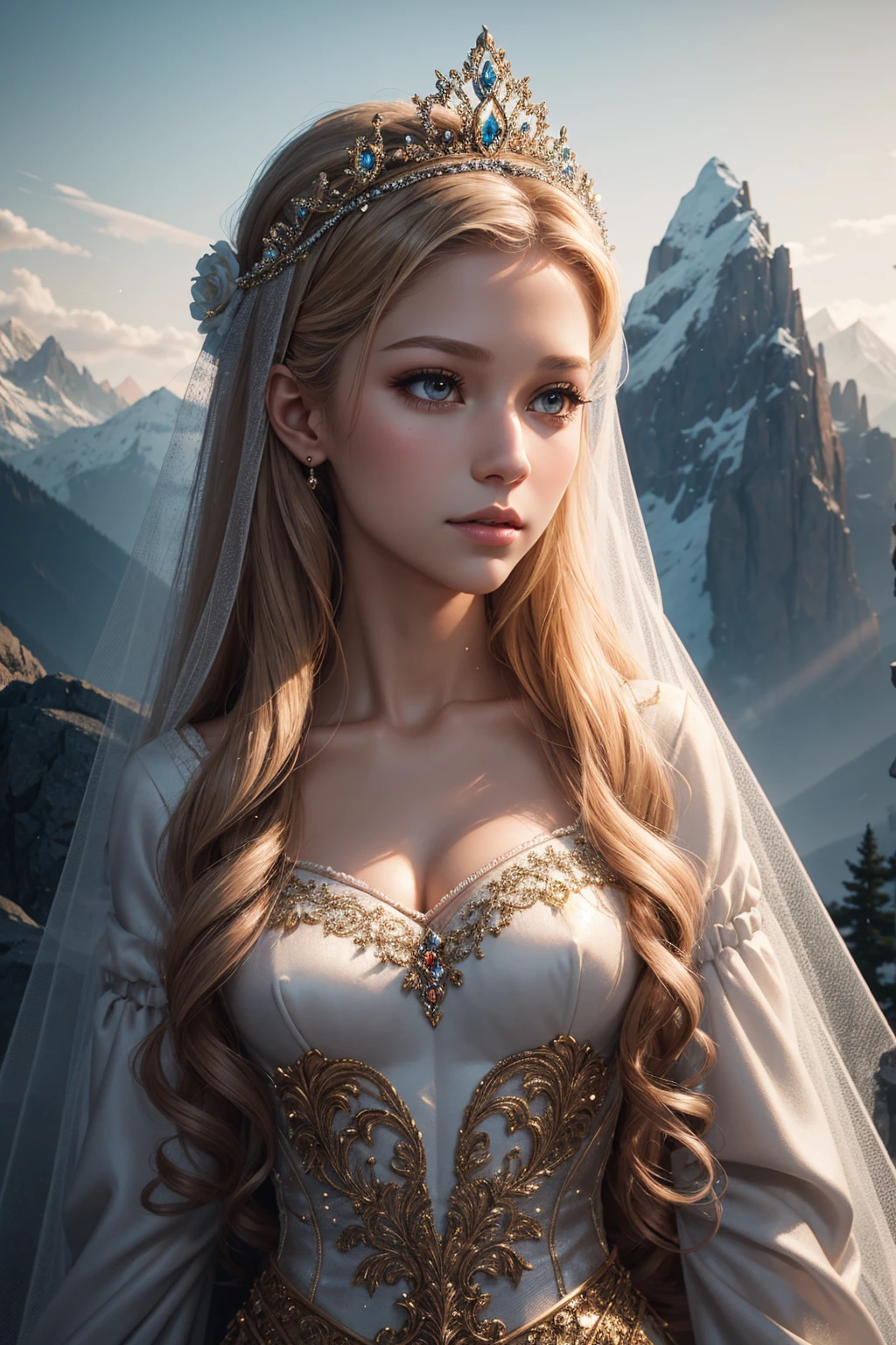 portrait Anna Kournikova, wearing veil bride tiara costume, against the background of mountains, character portrait, 4 3 9 0 s, curly hair, intricate, elegant, highly detailed, digital painting, artstation, concept art, smooth, sharp focus, illustration, art by wlop, charlie bowater and alexandra fomina, 36k, glittering, shining, correct anatomy