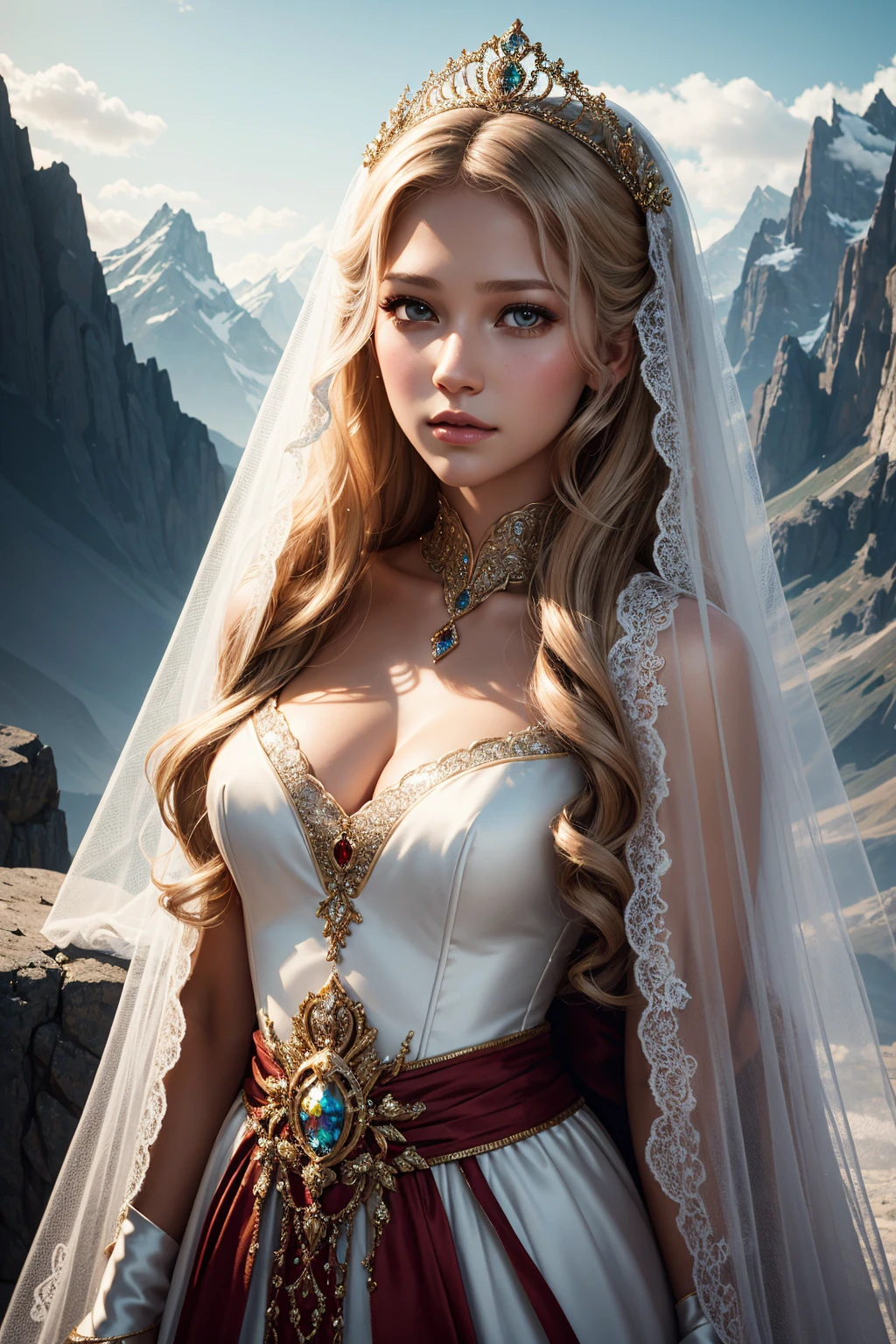 portrait Anna Kournikova, wearing veil bride tiara costume, against the background of mountains, character portrait, 4 3 9 0 s, curly hair, intricate, elegant, highly detailed, digital painting, artstation, concept art, smooth, sharp focus, illustration, art by wlop, charlie bowater and alexandra fomina, 36k, glittering, shining, correct anatomy