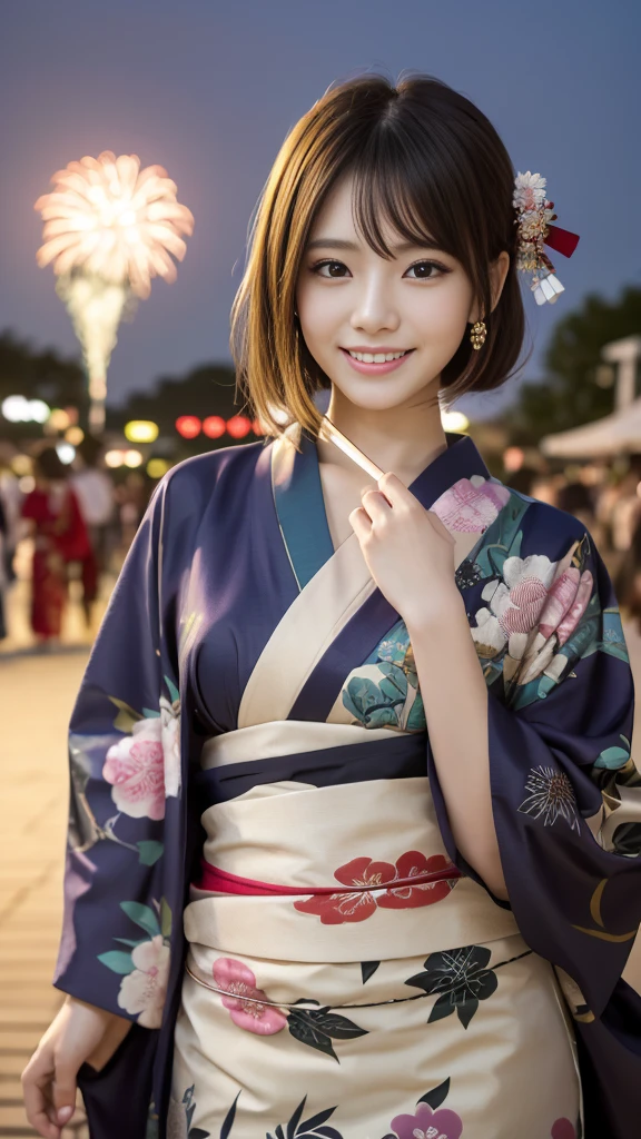 Looking into the camera,(((Highest quality, 8k, masterpiece))), Sharp focus, (Beautiful woman with perfect figure), thin, (Hairstyle: Excellent)), ((kimono: Cane)), street: 1.2 非常に詳細な顔と肌の質感 詳細な目 double eyelid ランダムな姿勢, (smile),sExcellenter cute Japan person,sExcellenter beauty Japanese girl, Realistic Face, double eyelid,smile,Summer festival , At sunset , Beautiful Teeth , Fireworks Background.