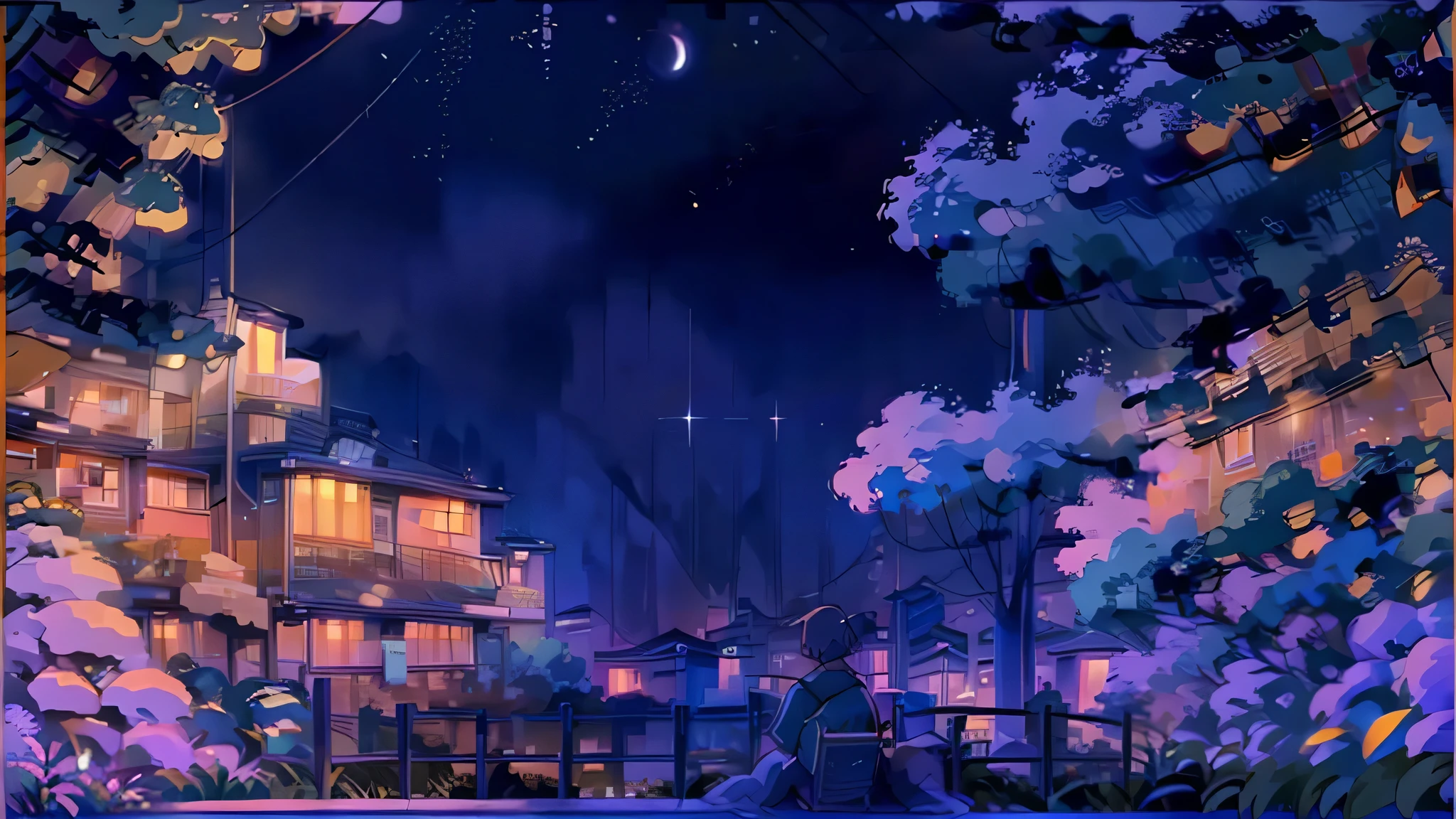 Imagine a serene night scene, perfect for your lo-fi video. A person sits on a grassy hill, back turned to the viewer, gazing up at the vast, star-filled sky. The silhouette of the figure is softly illuminated by the gentle glow of the moon, which hangs high amidst a tapestry of twinkling stars. 

The scene is peaceful and quiet, with the soft hum of lo-fi beats creating a calming atmosphere. Surrounding the person are rolling hills and distant trees, their outlines barely visible in the moonlight. A gentle breeze rustles the leaves, adding to the tranquility of the moment.

This image captures a sense of wonder and reflection, perfectly complementing the soothing sounds of lo-fi music. The viewer is invited to share in the peaceful solitude, finding a moment of calm and inspiration under the starlit sky.