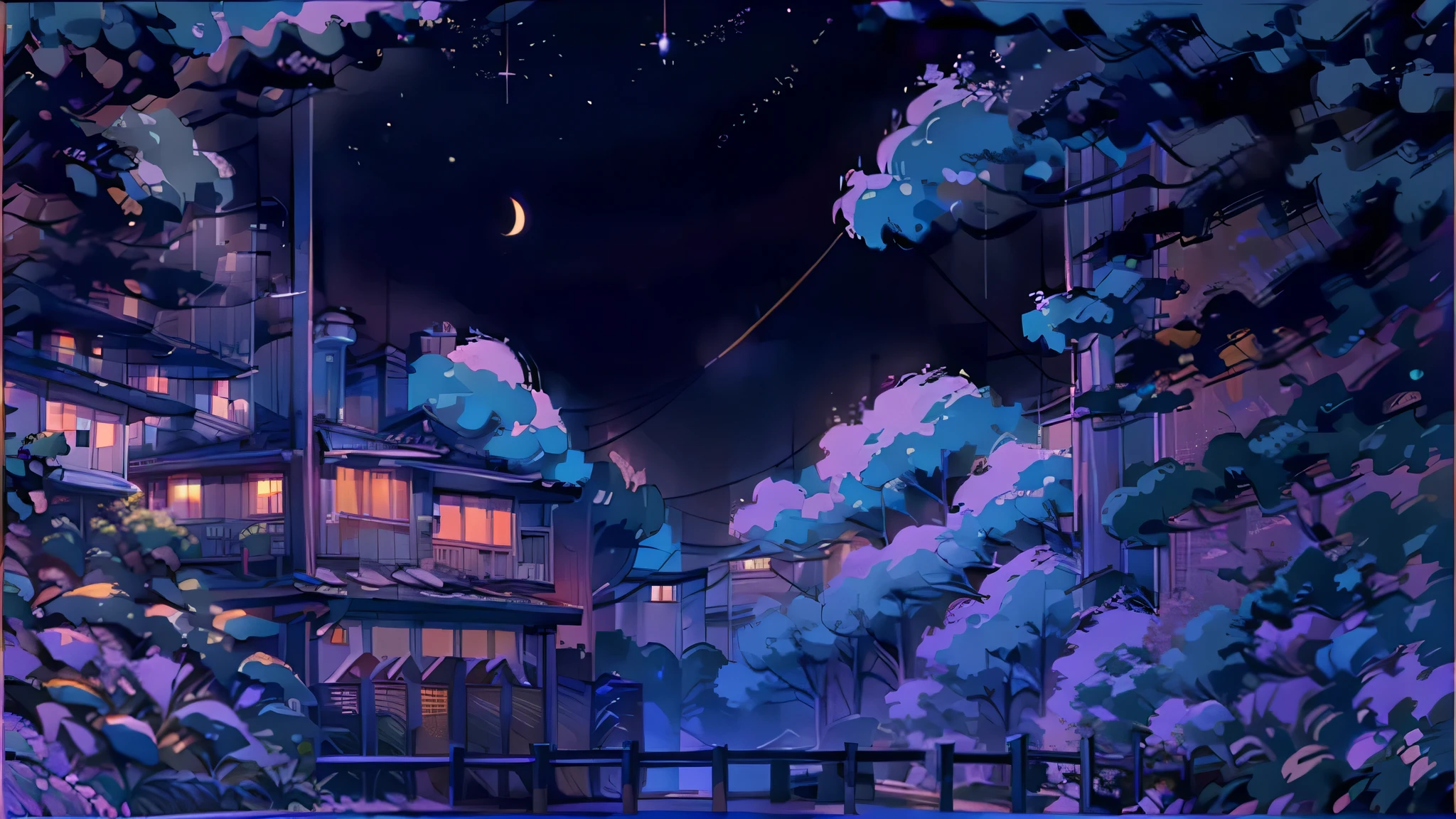 Imagine a serene night scene, perfect for your lo-fi video. A person sits on a grassy hill, back turned to the viewer, gazing up at the vast, star-filled sky. The silhouette of the figure is softly illuminated by the gentle glow of the moon, which hangs high amidst a tapestry of twinkling stars. 

The scene is peaceful and quiet, with the soft hum of lo-fi beats creating a calming atmosphere. Surrounding the person are rolling hills and distant trees, their outlines barely visible in the moonlight. A gentle breeze rustles the leaves, adding to the tranquility of the moment.

This image captures a sense of wonder and reflection, perfectly complementing the soothing sounds of lo-fi music. The viewer is invited to share in the peaceful solitude, finding a moment of calm and inspiration under the starlit sky.