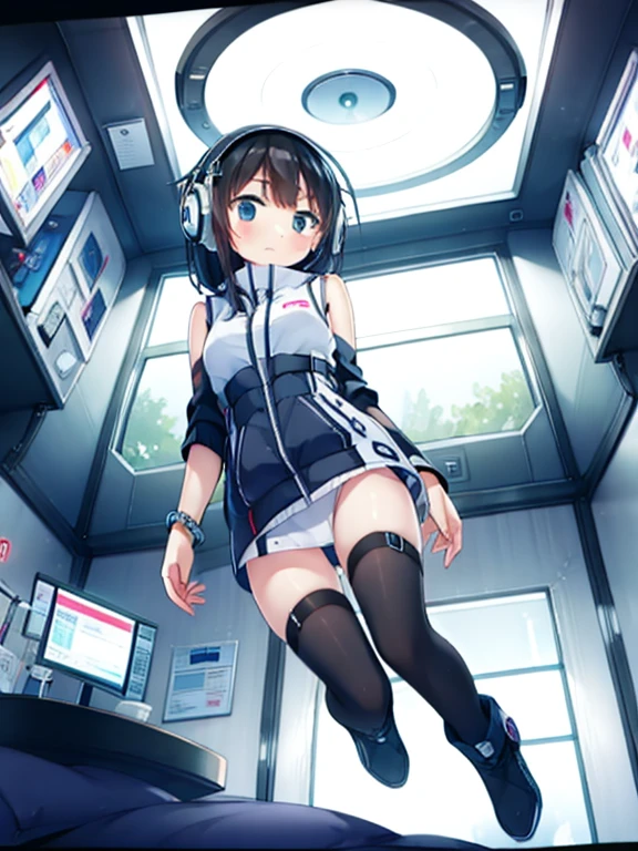 (Highest quality), (masterpiece), 1080P, High resolution, 4K, 8k, Inside the space station、Futuristic room、jumping:1.5,zero gravity,floating,Thigh straps, Shooting from directly below, The woman on top of me, 白いSweat, Covered , Sweat, Woman looking down, Skirt swimsuit, I can see your pants。BREAK black long sleeves,black tights,BREAK thigh-high socks, futuristic boots,headphone,To achieve this, 16 years old, , whole body, Black leather shoes, Braided hair, Inner Color, Embarrassed face, Short black hair, bracelet, Bedroom,white downVest,celestial body_Vest
