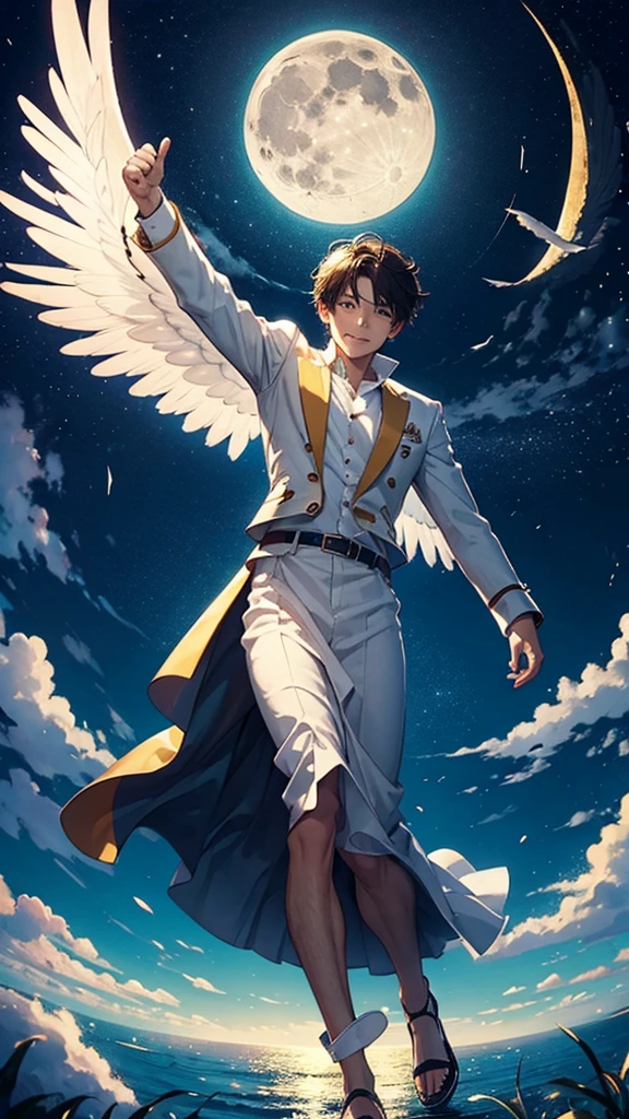 A in a plain white suit, side view, six-year-oboy,se th-piece white suit