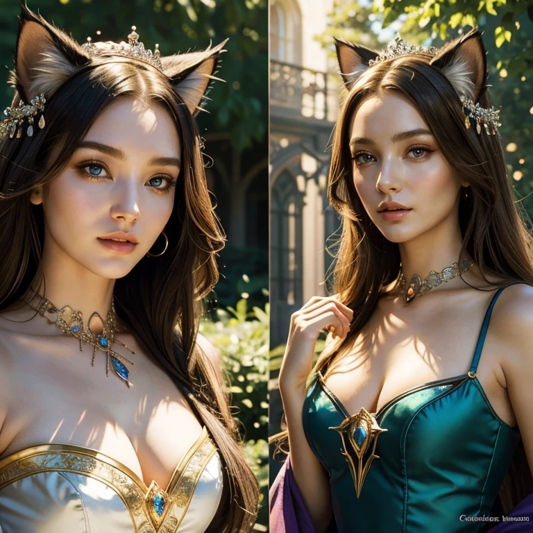 (​masterpiece, best quality:1.5), highest quality, High resolution, super detailed, Realists, Upper body photo of a brunette sorceress, detailed and beautiful eyes, beautiful detailed lips, very detailed eyes and face, longeyelashes, shiny satin dress, Holds a magic wand in his hand and performs eine Transformation spell. Beautiful and colorful makeup, elegant and noble々The jewelry bag, Gardens as background, soft daylight, bright colors, fine brushstrokes, Portrait style, Silk dress fabric, beautiful color palette, glowing skin, First-class rendering, that captures every detail, enchanting atmosphere, subtle shadows and lights, (perfect anatomy:1.2), (The stunning sorceress turns a cat into a princess (eine Transformation):1.4), (magnificent panorama view:1.2)