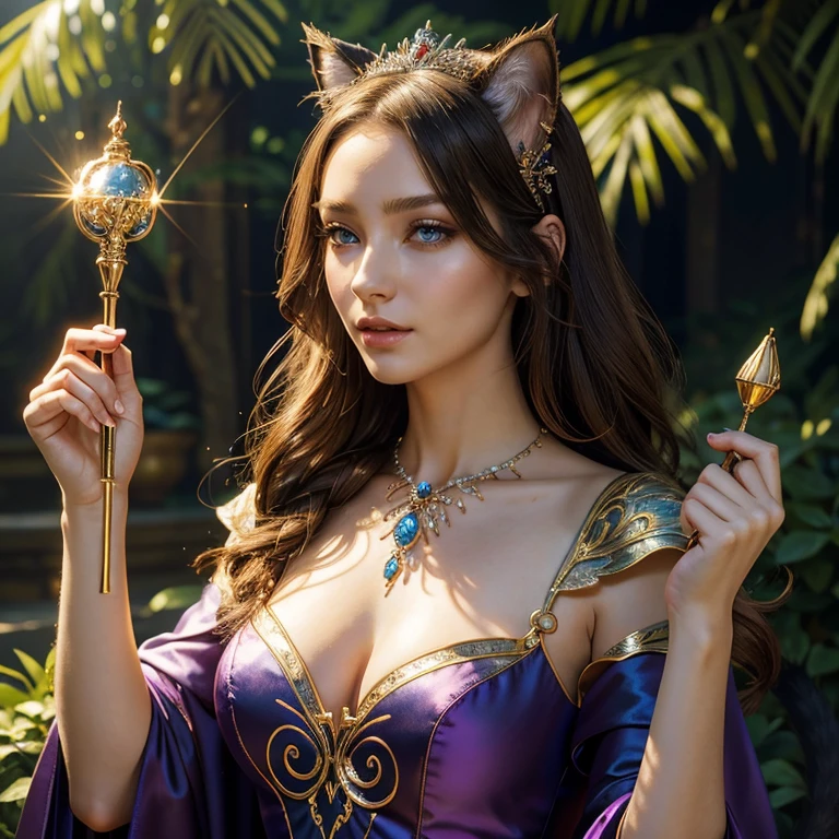 (​masterpiece, best quality:1.5), highest quality, High resolution, super detailed, Realists, Upper body photo of a brunette sorceress, detailed and beautiful eyes, beautiful detailed lips, very detailed eyes and face, longeyelashes, shiny satin dress, Holds a magic wand in his hand and performs eine Transformation spell. Beautiful and colorful makeup, elegant and noble々The jewelry bag, Gardens as background, soft daylight, bright colors, fine brushstrokes, Portrait style, Silk dress fabric, beautiful color palette, glowing skin, First-class rendering, that captures every detail, enchanting atmosphere, subtle shadows and lights, (perfect anatomy:1.2), (The stunning sorceress turns a cat into a princess (eine Transformation):1.4), (magnificent panorama view:1.2)